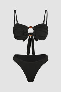 Ribbed Bandeau Tie Back Bikini Set With Tortoise Shell O-Ring Detail - Black