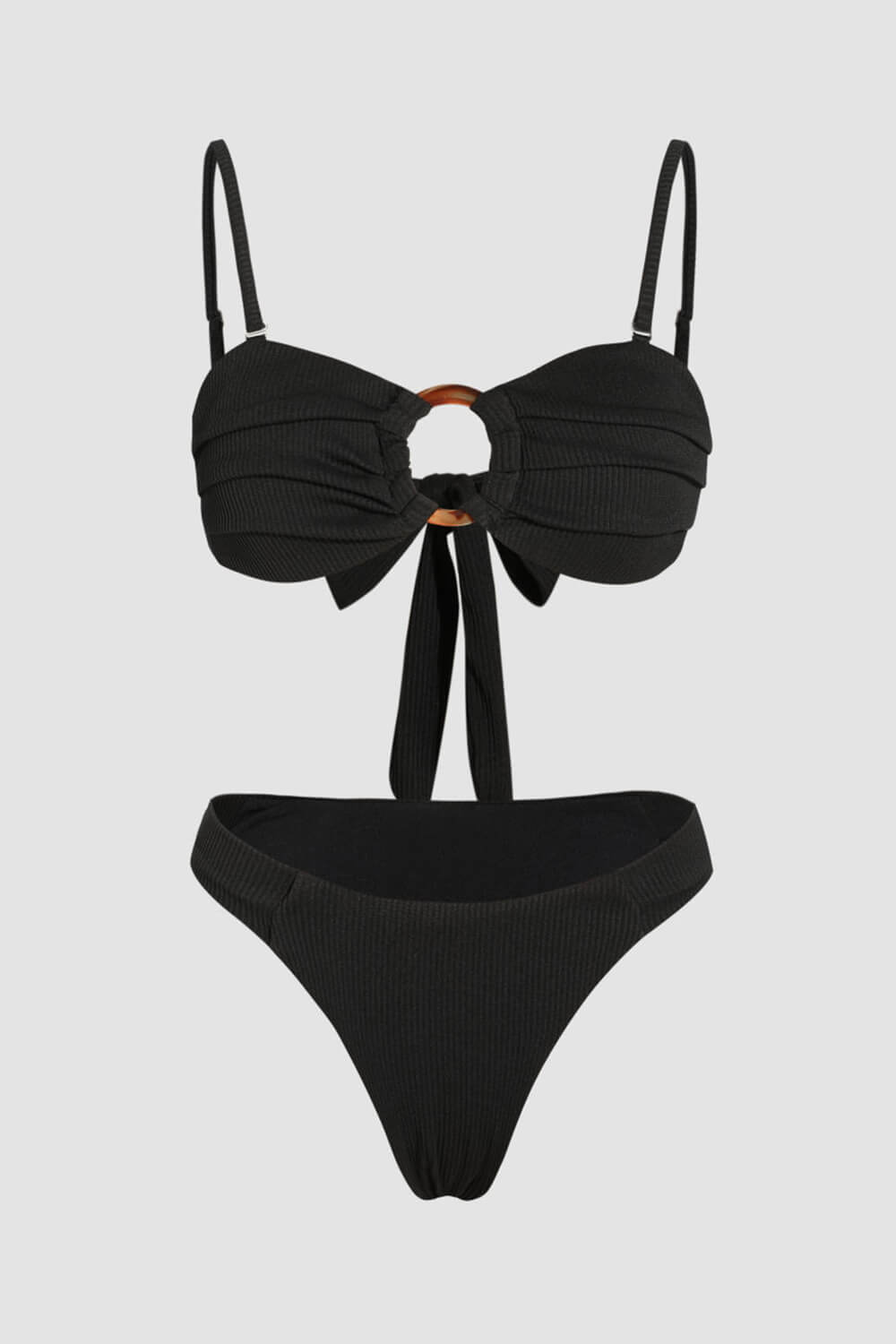 Ribbed Bandeau Tie Back Bikini Set With Tortoise Shell O-Ring Detail ...