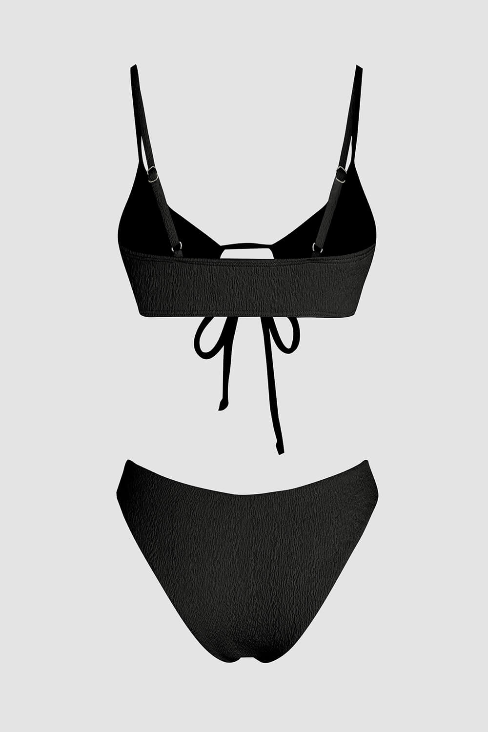 Textured Adjustable Tie Front Bikini Set - Black