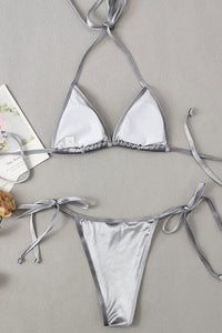 Velvet Triangle Halter Tie Side Bikini Set - Grey