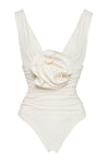 Cream V Neck 3D Flower Ruched One Piece Swimsuit