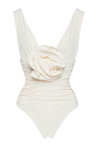 Cream V Neck 3D Flower Ruched One Piece Swimsuit