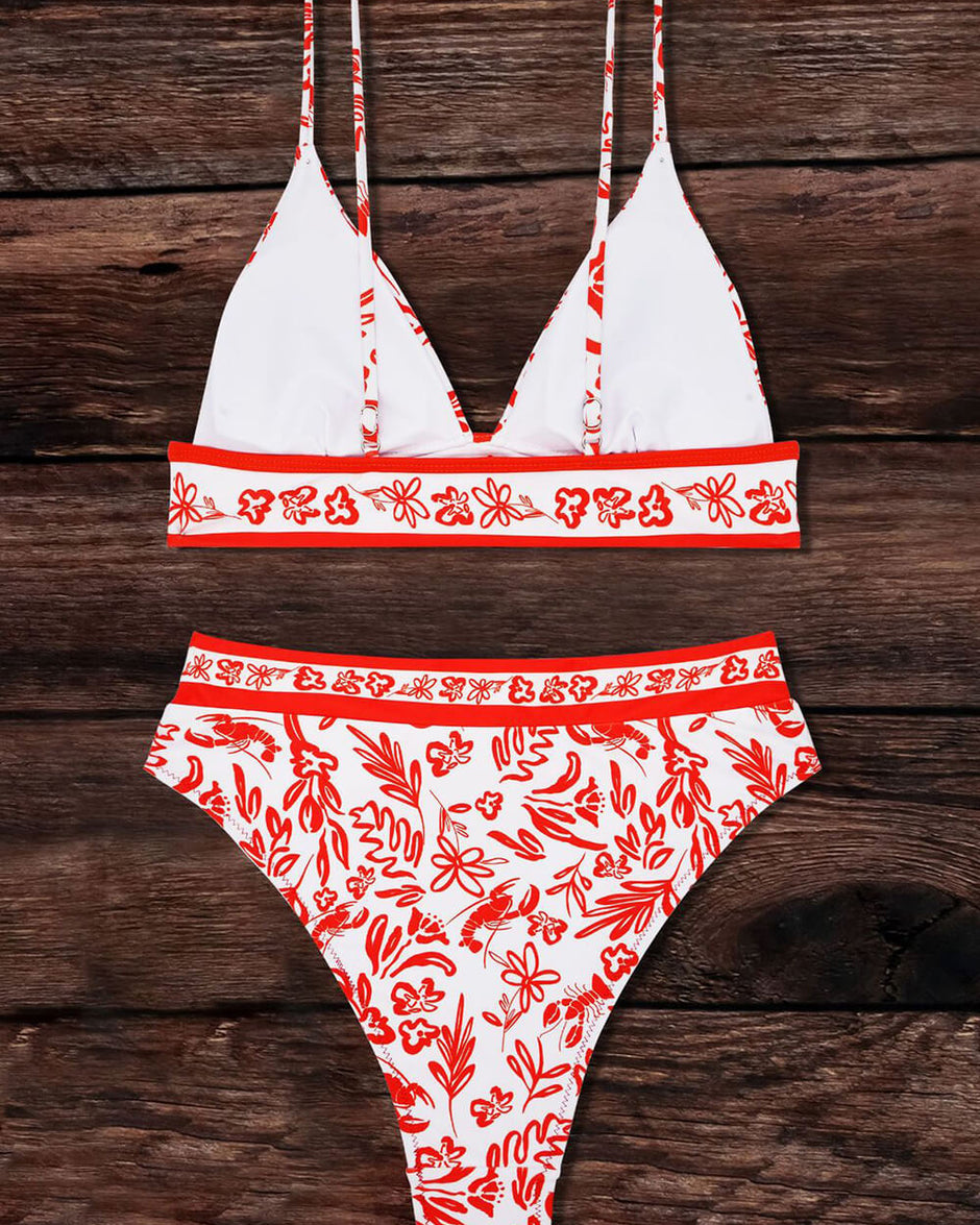 Orange Floral Print Triangle High Waisted Bikini Set