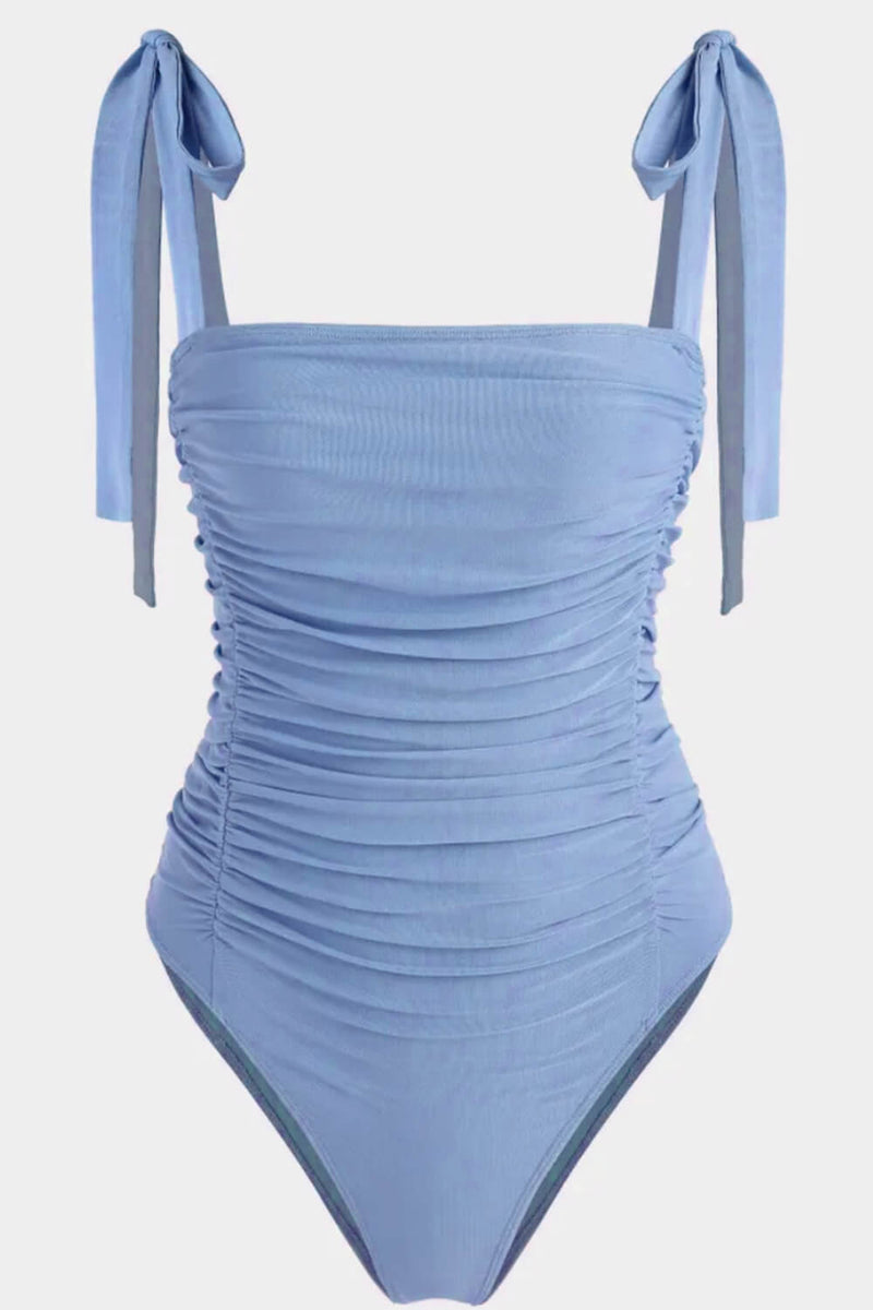 Ruched Tie-Shoulder One Piece Swimsuit - Baby Blue