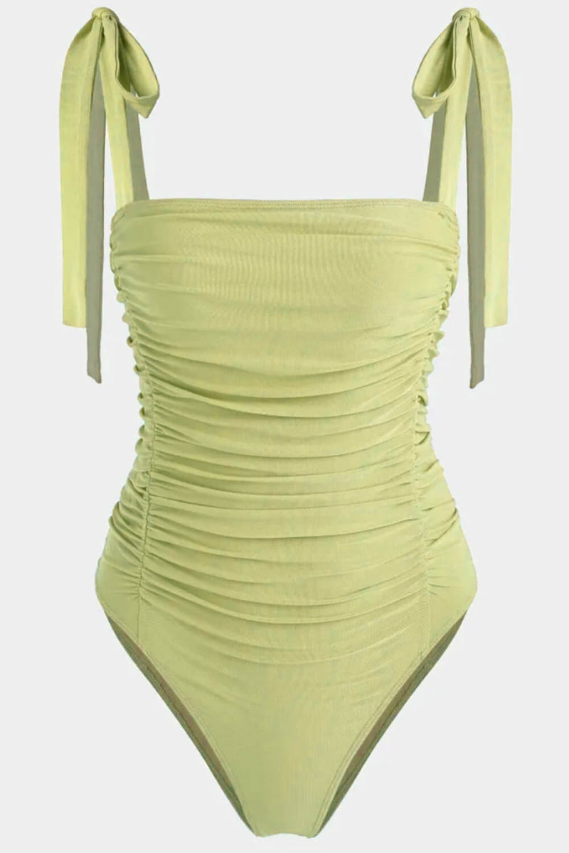 Ruched Tie-Shoulder One Piece Swimsuit - Yellow Green