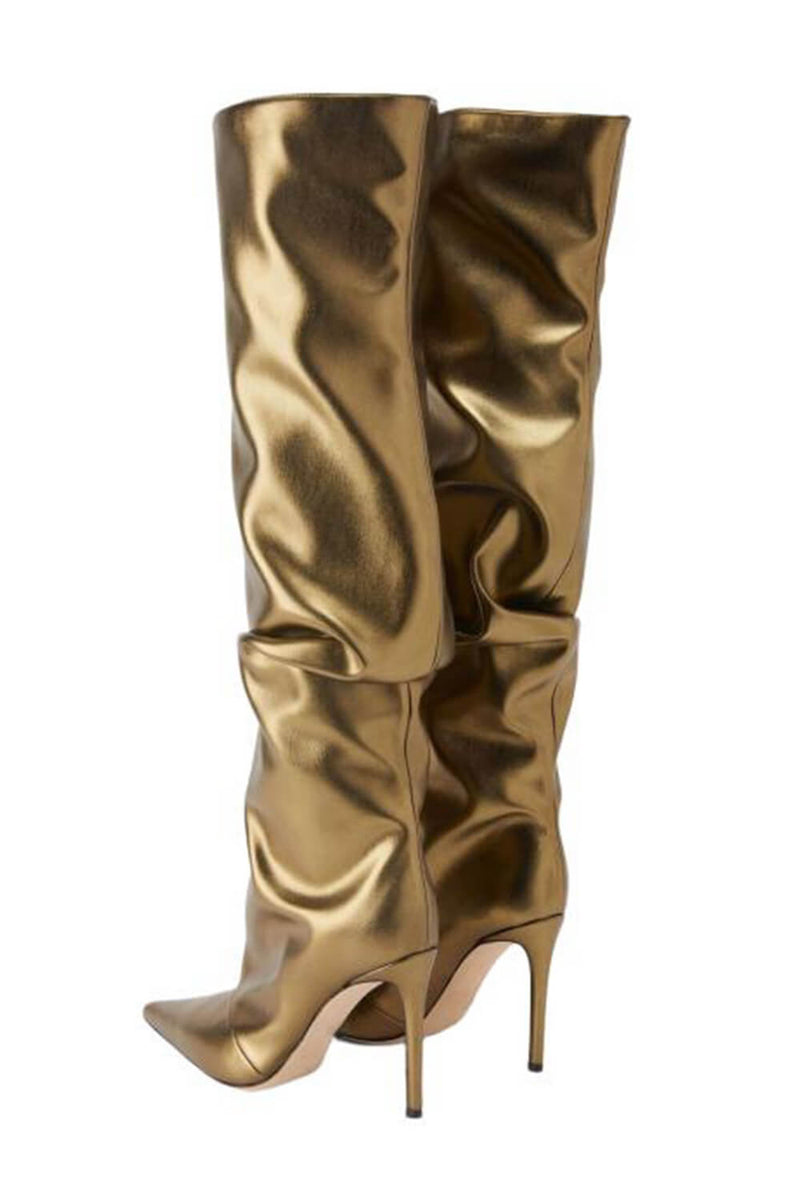 Faux Leather Pointed Toe Slouchy Knee High Stiletto Boots - Gold