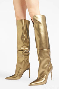 Faux Leather Pointed Toe Slouchy Knee High Stiletto Boots - Gold