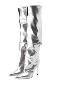 Faux Leather Pointed Toe Slouchy Knee High Stiletto Boots - Silver