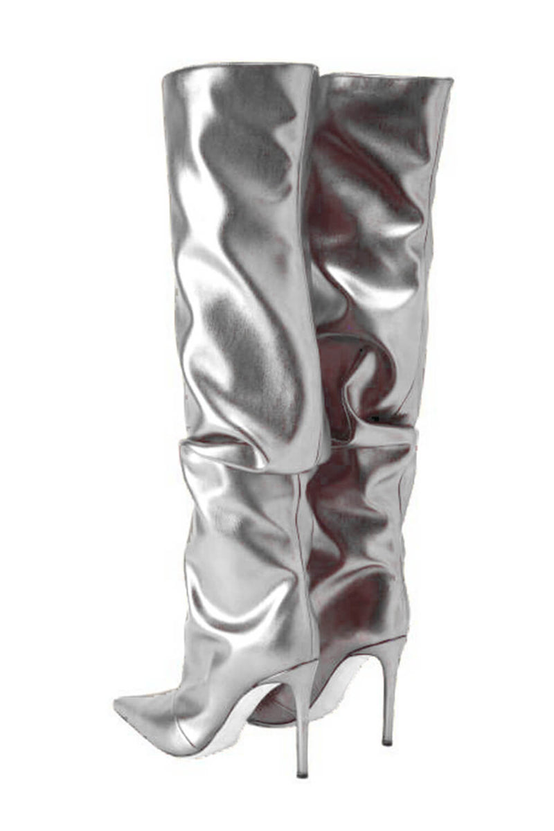 Faux Leather Pointed Toe Slouchy Knee High Stiletto Boots - Silver