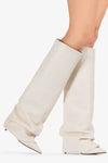 Faux Leather Pointed Toe Folded Knee High Stiletto Boots - Cream