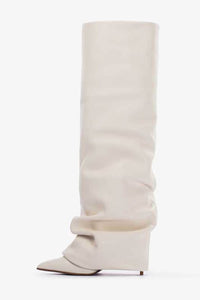 Faux Leather Pointed Toe Folded Knee High Stiletto Boots - Cream