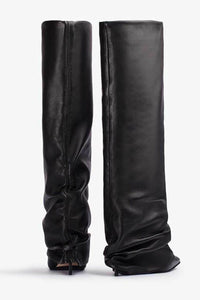 Faux Leather Pointed Toe Folded Knee High Stiletto Boots - Black