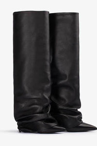 Faux Leather Pointed Toe Folded Knee High Stiletto Boots - Black