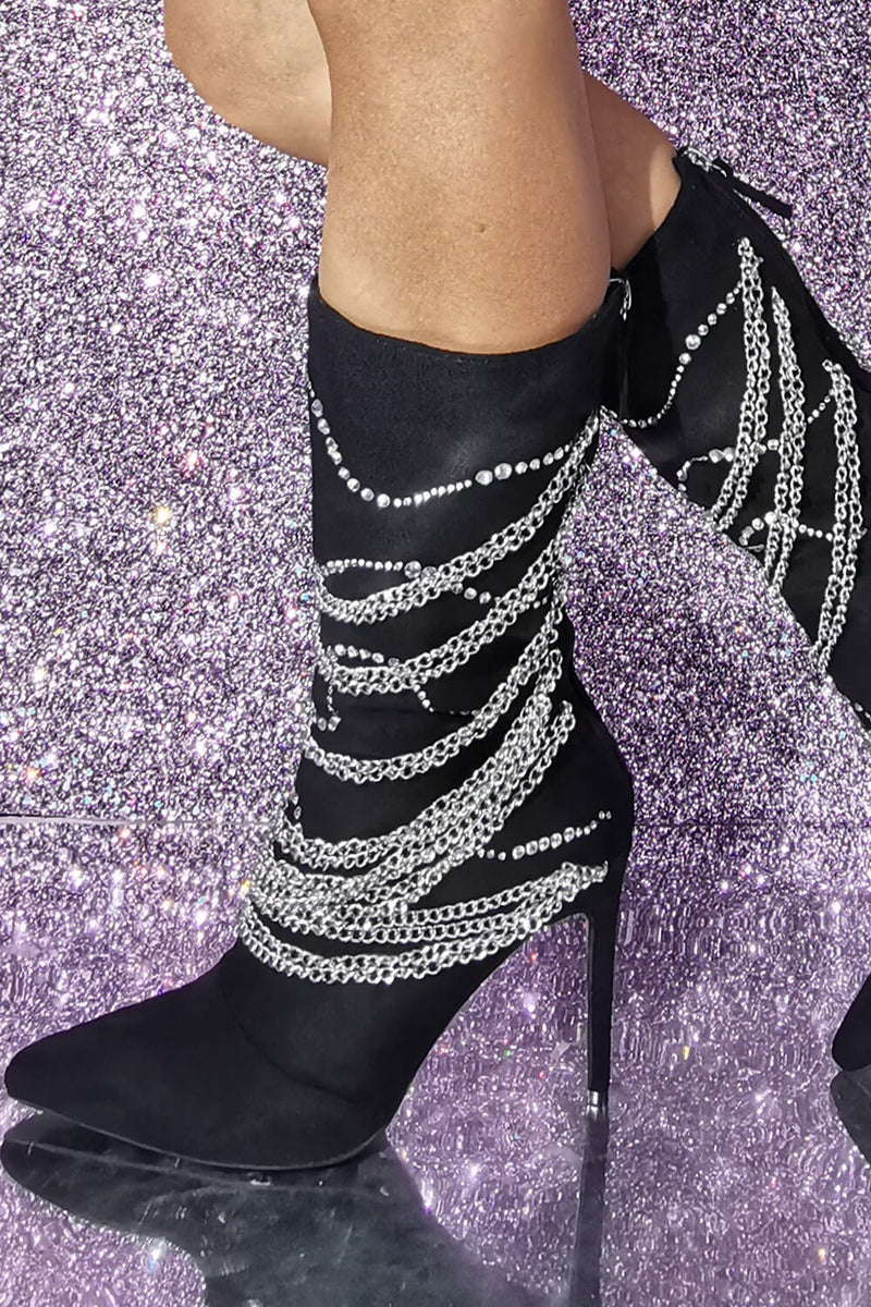 Rhinestone Chain Embellished Pointed Toe Mid-Calf Stiletto Boots