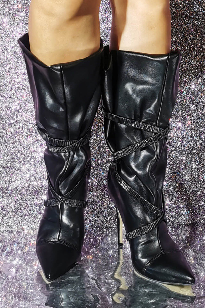 Elasticated Strap Slouchy Pointed Toe Mid-Calf Stiletto Boots
