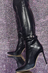 Buckle Detail Pointed Knee High Stiletto Heeled Boots
