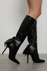 Statement Bow Pointed Knee High Stiletto Heeled Boots