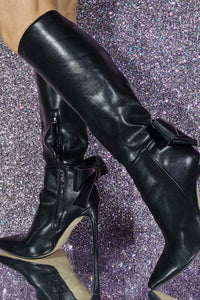 Statement Bow Pointed Knee High Stiletto Heeled Boots