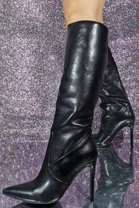 Faux Leather Pointed Toe Mid-Calf Stiletto Boots - Black
