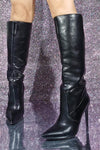 Faux Leather Pointed Toe Mid-Calf Stiletto Boots - Black