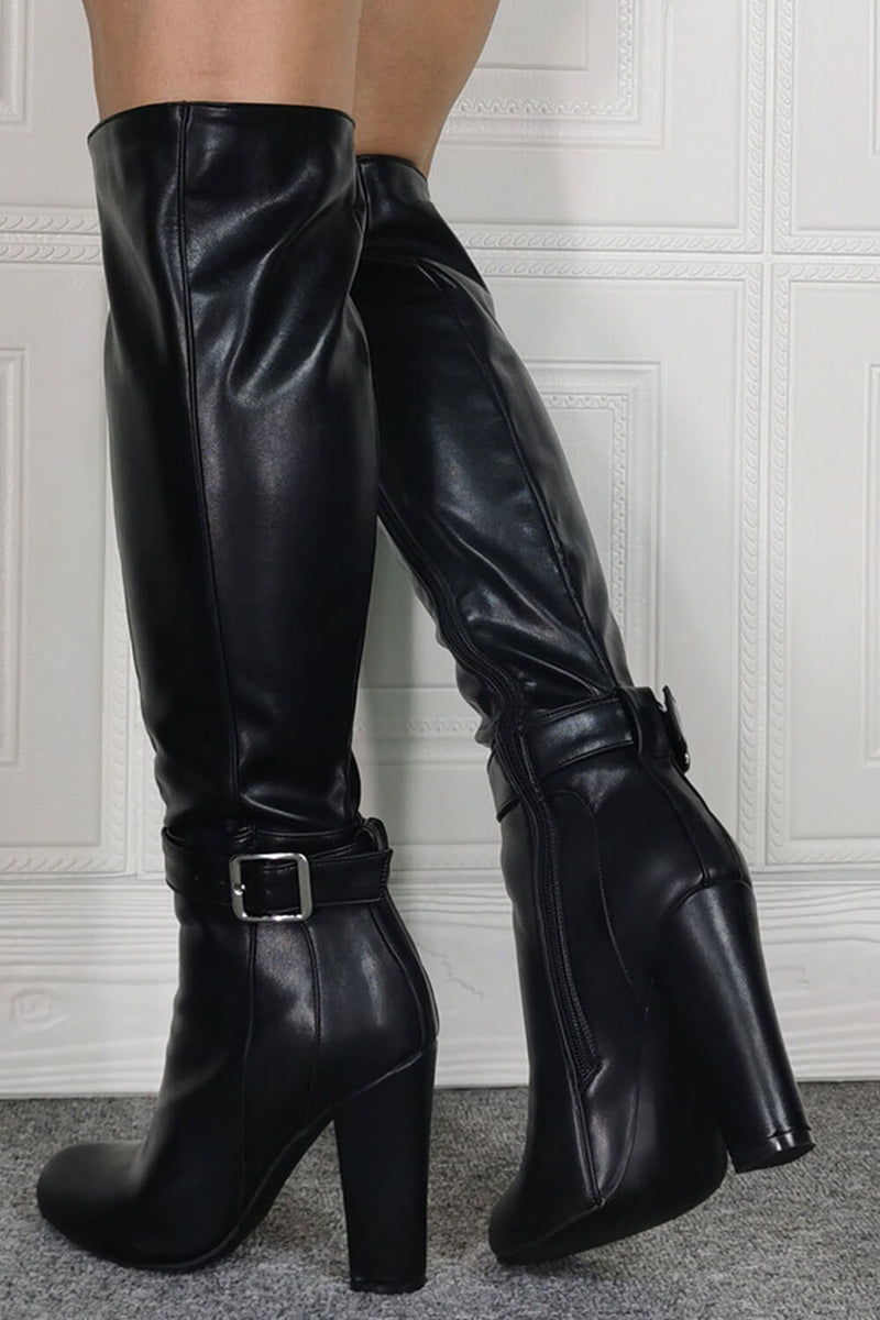 Buckle Detail Pointed Knee High Block Heeled Boots