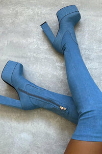 Blue Denim Platform Square Toe Block Heel Thigh High Boots
