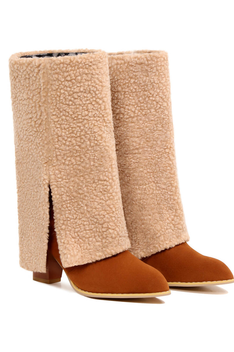 Point Toe Faux Shearling Foldover Mid-Calf Boots