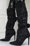 Suede Fluffy Faux-Fur Pom Pom Pointed Toe Knee High Boot