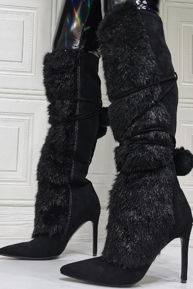 Suede Fluffy Faux-Fur Pom Pom Pointed Toe Knee High Boot