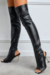Textured Peep Square Toe Thigh High Stiletto Heeled Boots - Black