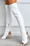 Textured Peep Square Toe Thigh High Stiletto Heeled Boots - White