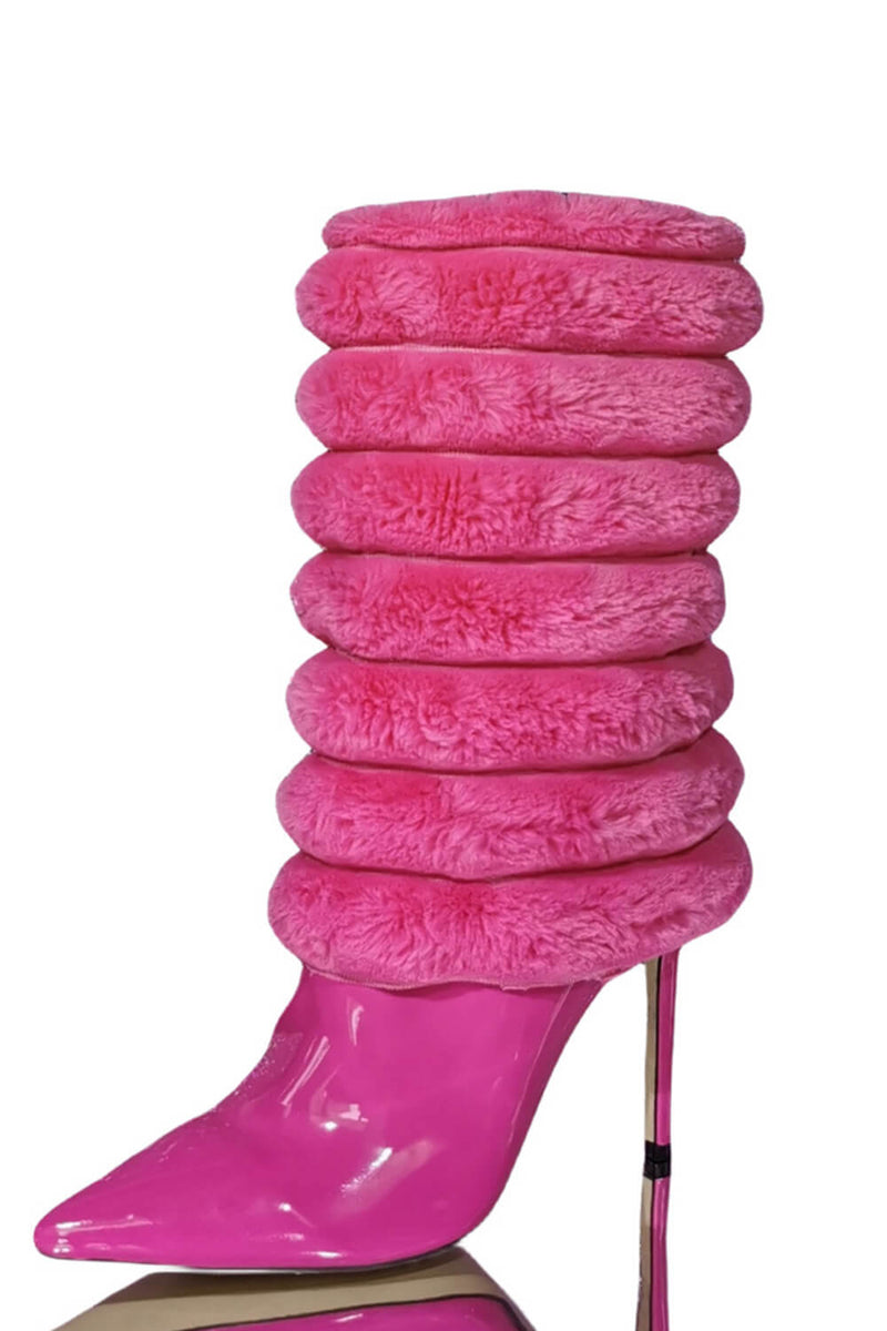 Hot Pink Patent Channeled Faux Fur Mid-Calf Stiletto Heel Boots
