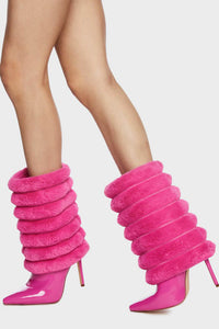 Hot Pink Patent Channeled Faux Fur Mid-Calf Stiletto Heel Boots