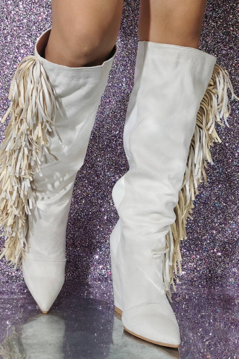 White Pointed Toe Knee-High Fringe Wedge Boots