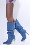 Denim Ruched Mid-Calf Pointed Toe Stiletto Boots