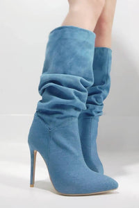 Denim Ruched Mid-Calf Pointed Toe Stiletto Boots