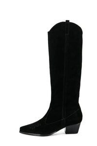 Suede Pointed Toe Western Cowboy Knee High Boots - Black