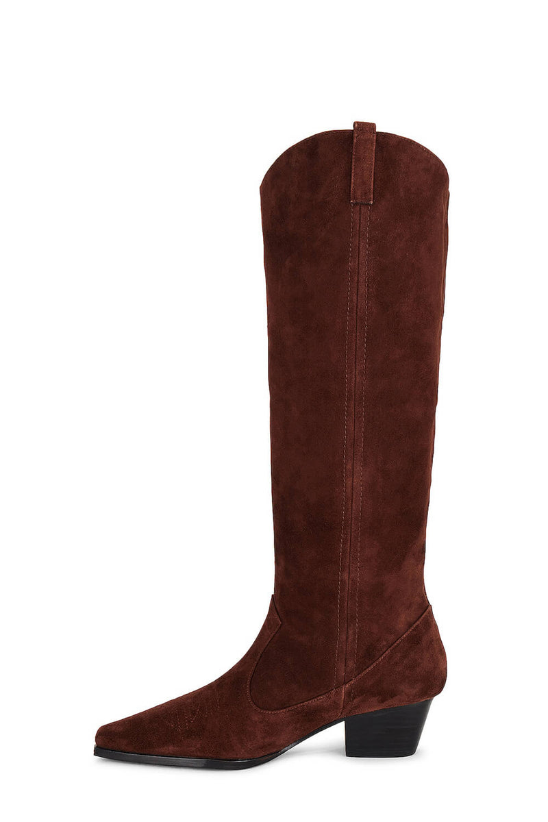 Suede Pointed Toe Western Cowboy Knee High Boots - Chocolate