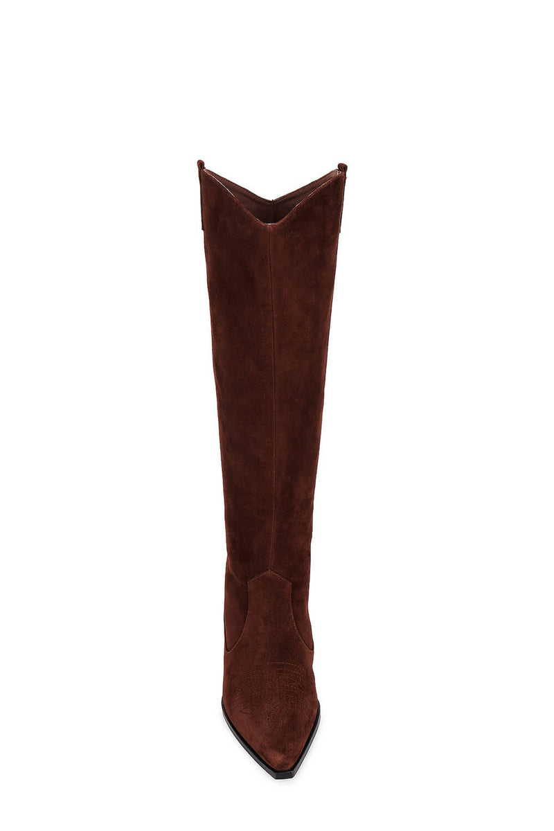 Suede Pointed Toe Western Cowboy Knee High Boots - Chocolate