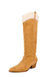 Suede Pointed Toe Western Cowboy Knee High Boots With Faux Fur Trim - Gold