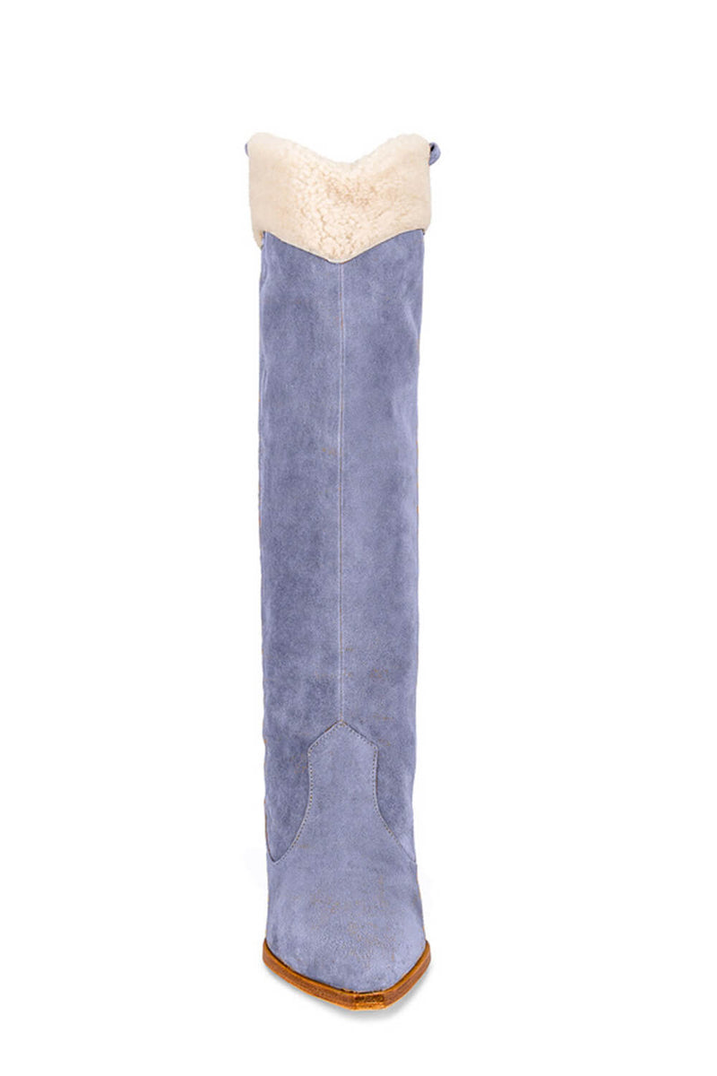 Suede Pointed Toe Western Cowboy Knee High Boots With Faux Fur Trim - Cornflower