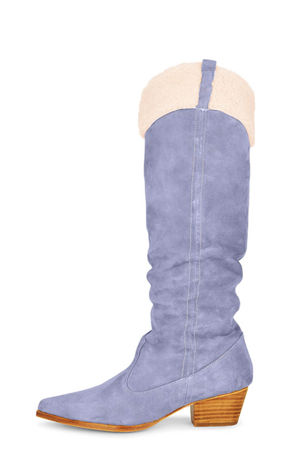 Suede Pointed Toe Western Cowboy Knee High Boots With Faux Fur Trim - Cornflower