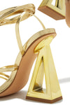 Lace Up Square Toe Gold-Tone Block High Heels - Gold