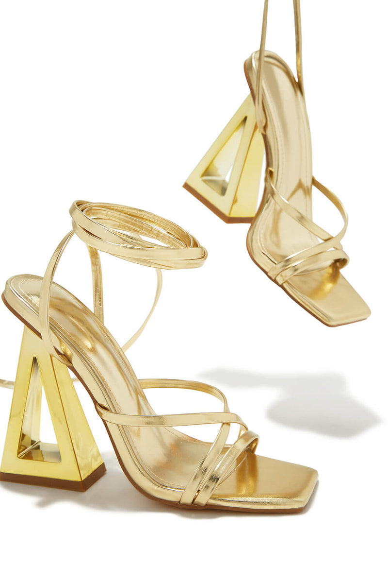 Lace Up Square Toe Gold-Tone Block High Heels - Gold