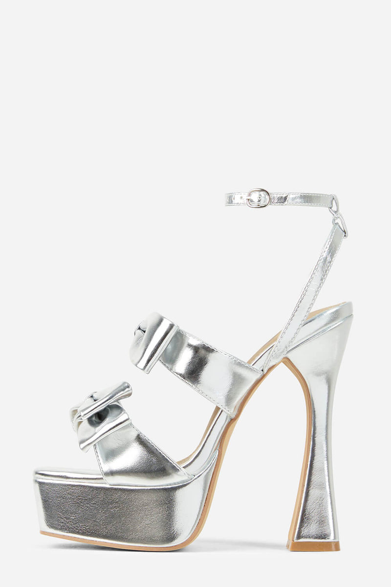 Double Bow Detail Square Toe Platform Flared Block Heels - Silver