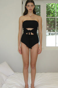 Crinkle Cut-Out Tie Front One Piece Swimsuit - Black