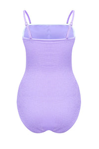 Crinkle Cut-Out Tie Front One Piece Swimsuit - Lilac