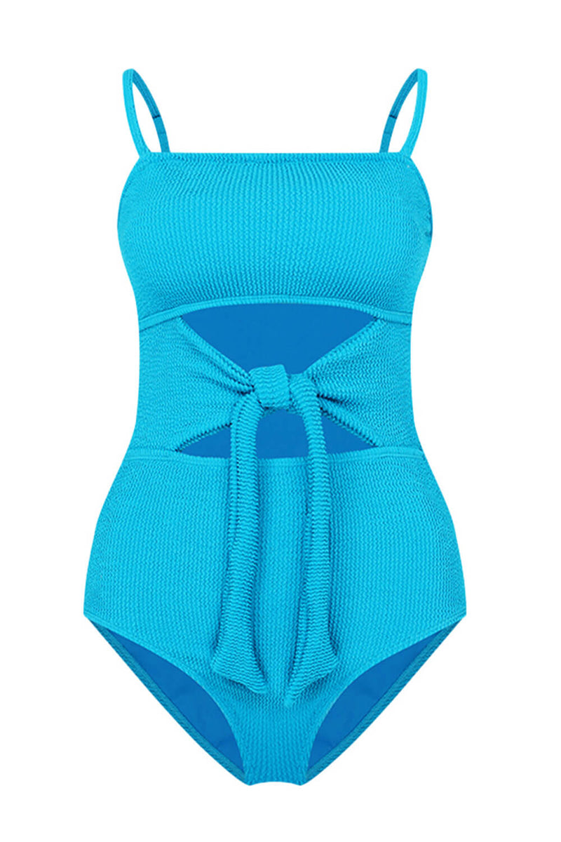 Crinkle Cut-Out Tie Front One Piece Swimsuit - Light Blue