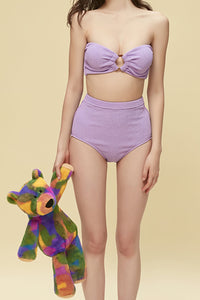 Crinkle Bandeau Tie-Shoulder High Waist Bikini Set With Tortoise Shell Ring Detail - Lilac