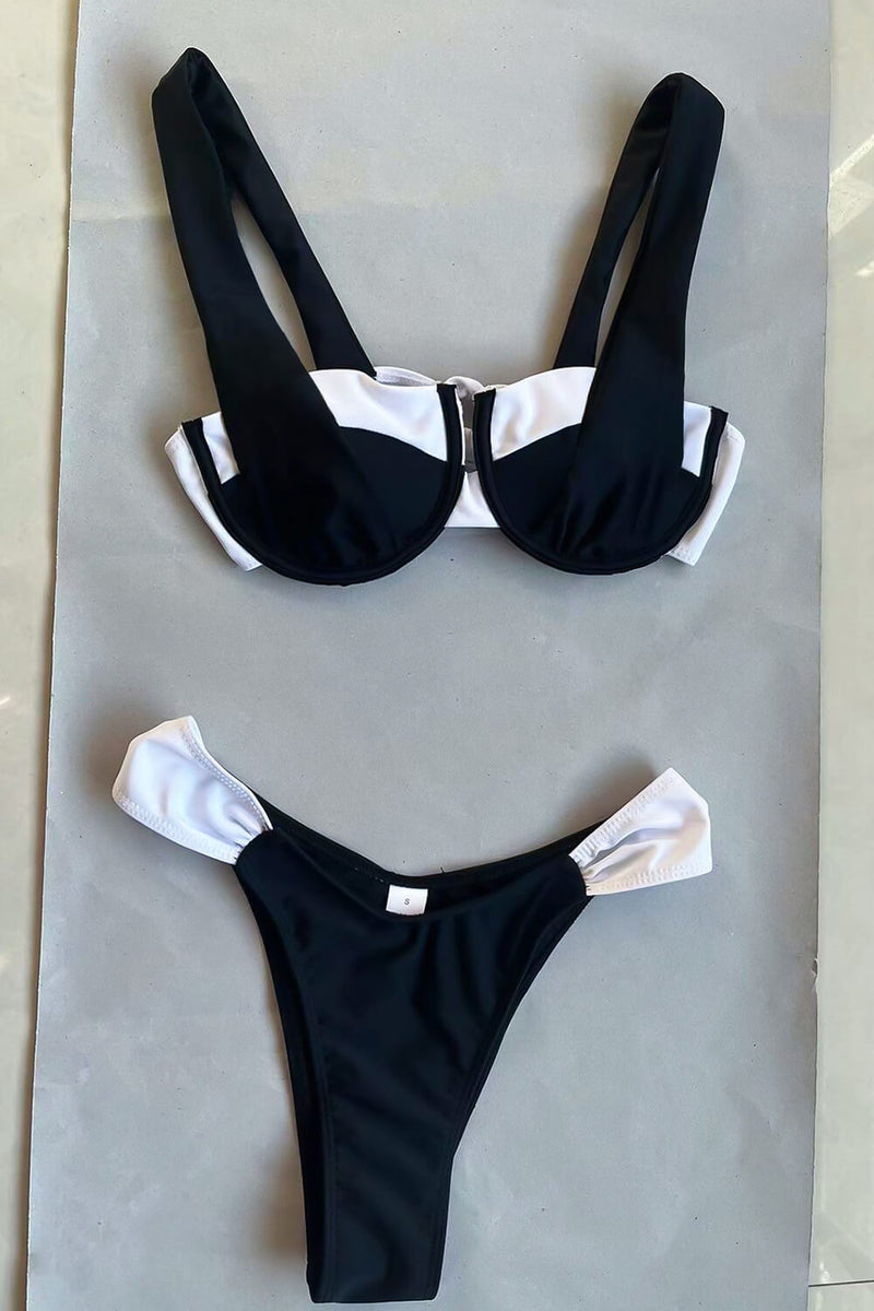 Black & White Colorblock Underwire Ruched Bikini Set
